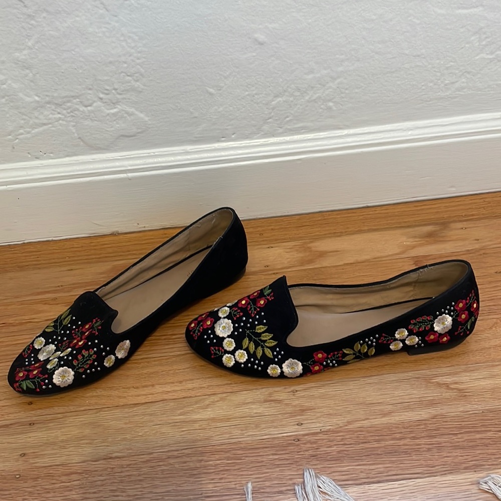 Black suede floral embroidered ballet flats by topshop